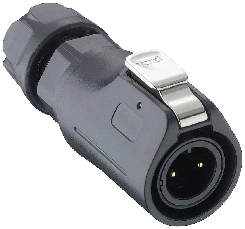 Čierny trojpólový elektrický konektor s kovovým zámkom, zobrazený z bočnej strany, sa často používa pre audio pripojenia.