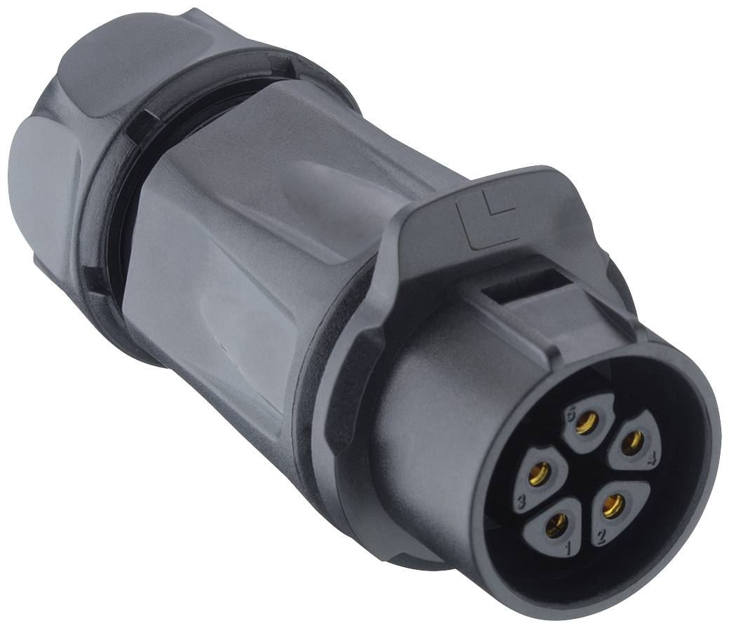 Čierny šesťpólový elektrický konektor v kruhovom tvare, používaný pre priemyselné aplikácie.