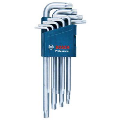 Sada deviatich strieborných torx kľúčov rôznych veľkostí v tmavomodrom držiaku s logom 'Bosch Professional'.