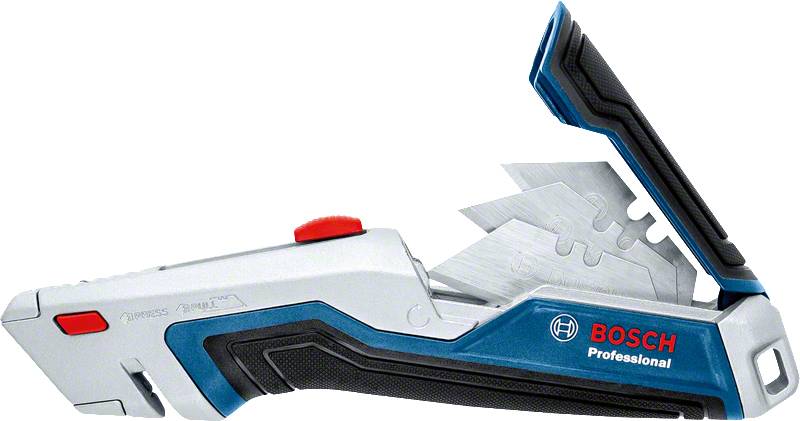 Strieborný vreckový nôž s čiernou rukoväťou, modrým akcentom a červeným tlačidlom. Logo značky 'Bosch Professional' viditeľné vpravo.