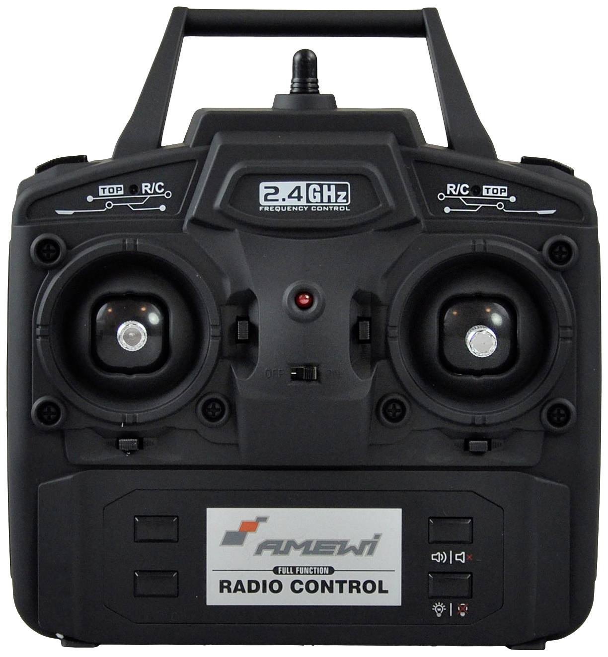 Čierne rádiové diaľkové ovládanie s dvoma joystikmi a tlačidlami, označené nápisom '2.4GHz Frequency Control' a 'Amewi Radio Control'.