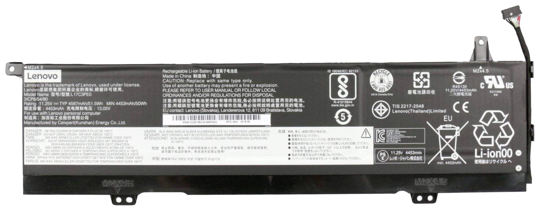 Batéria Lenovo s lítiovo-iónovou technológiou, 11,1 V. Bezpečnostné pokyny a symboly recyklácie vytlačené na batérii.