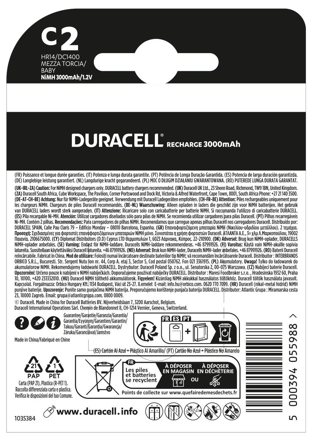 Zadný štítok batérie Duracell Recharge 3000mAh C2, ktorý zobrazuje detaily produktu, kontaktné informácie, bezpečnostné pokyny a pokyny na recykláciu.
