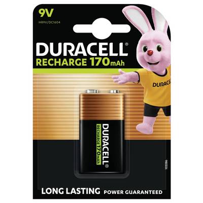 Balenie batérie Duracell Recharge 170mAh 9V s kreslenou ružovou zajačicou - maskotom v pravom hornom rohu a textom „DLHOTRVAJÚCA SILA GARANTOVANÁ".
