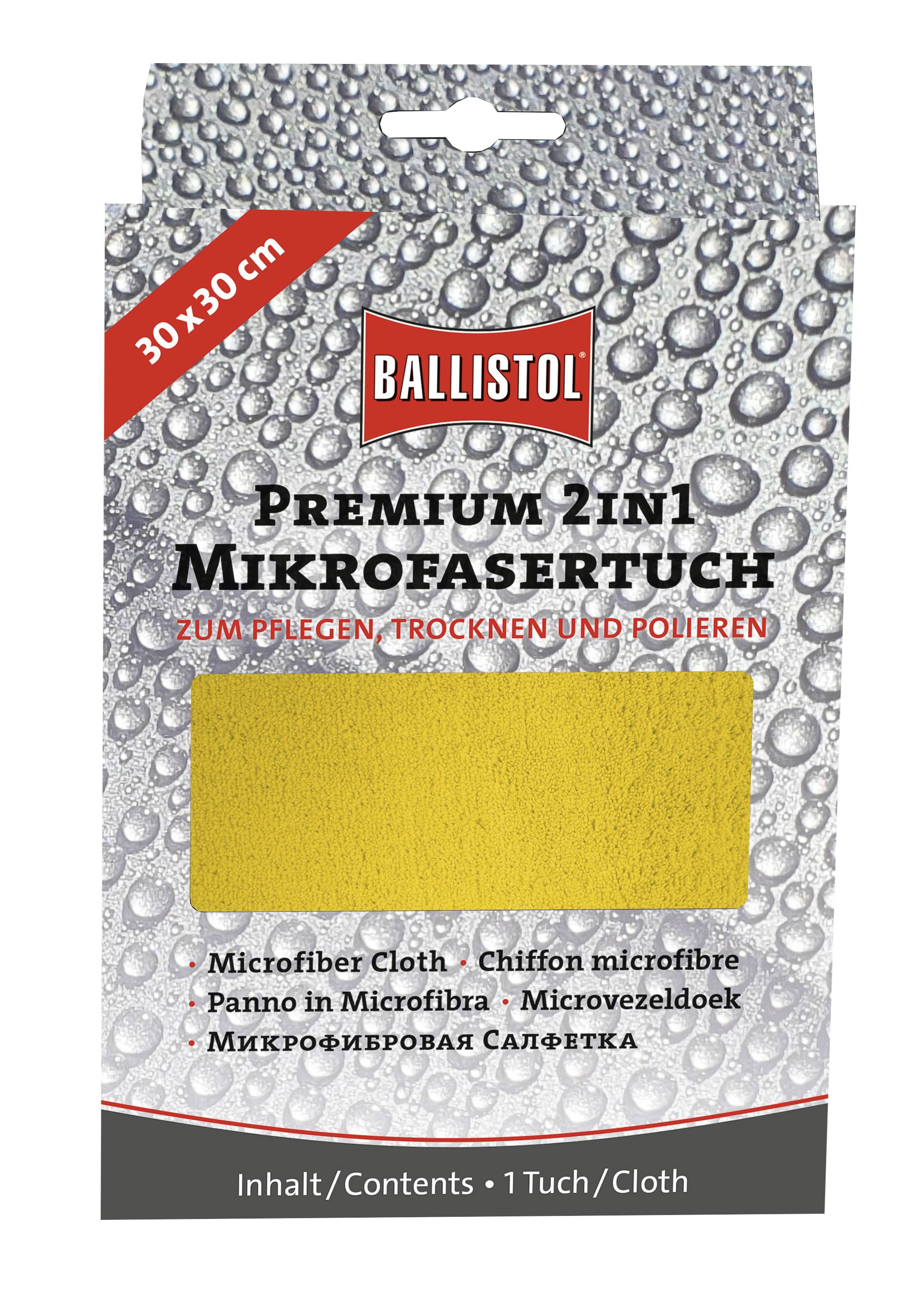 Žltá mikrovláknová utierka 30x30 cm, balená s nápisom 'Prémiová 2v1 mikrovláknová utierka'. Vhodná na čistenie, sušenie a leštenie.