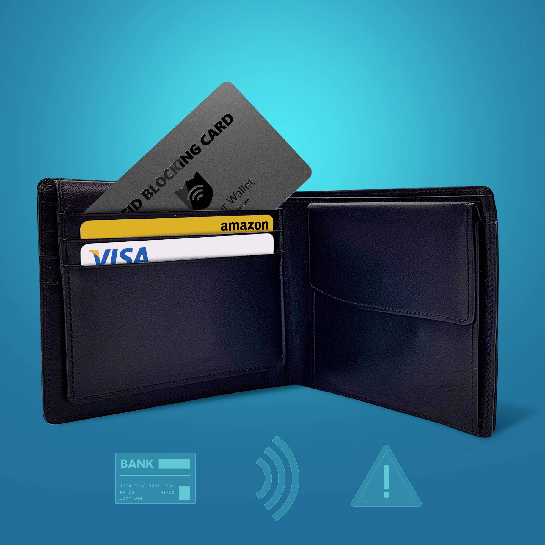 Čierna peňaženka s kreditnou kartou a kartou na blokovanie RFID signálu. Symboly naznačujú ochranu a bezpečnostné funkcie.