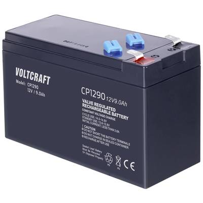Čierna batéria Voltcraft CP1290, 12V, 9.0Ah, s modro-červenými svorkami, označenie zobrazuje informácie o modeli a bezpečnosti.