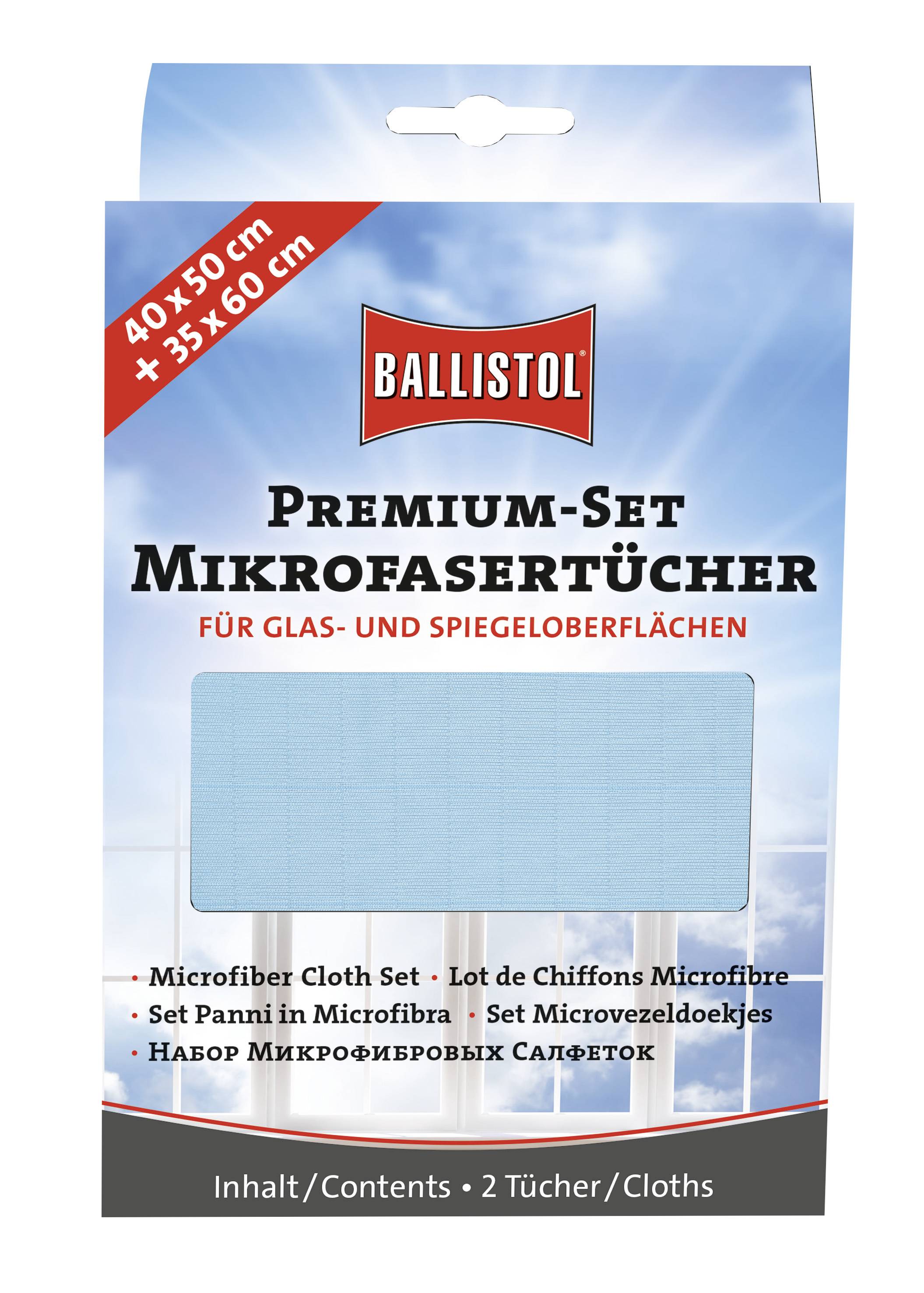 Prémiová sada mikrovláknových utierok Ballistol, určená na sklené a zrkadlové povrchy, obsahuje 2 utierky vo veľkostiach 40x50 cm a 35x60 cm.