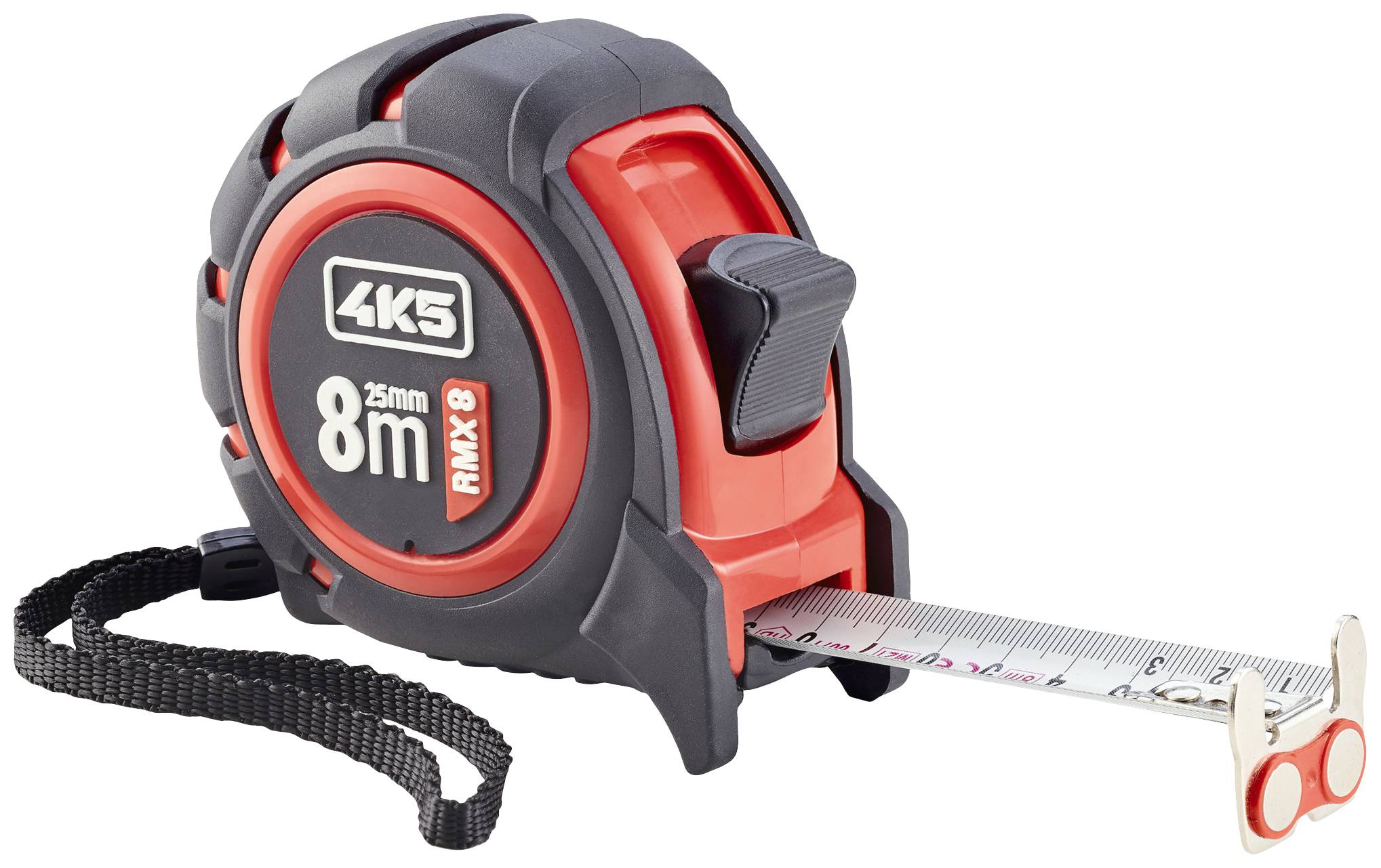 Čierne a červené 8-metrové meracie pásmo s ergonomickou rukoväťou a zasúvateľnou kovovou čepeľou, s firemným logom '4K5'.
