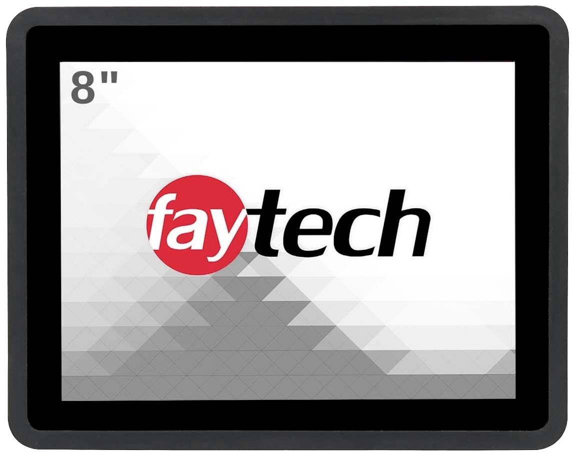 Obrazovka s nápisom 'faytech 8"' zobrazuje logo v červenej a čiernej farbe, obklopené sivobiely geometrickými vzormi.