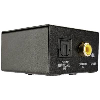 Čierny audio konvertor s konektormi 'TOSLINK (OPTICKÝ) IN', 'COAXIAL IN' a 'POWER' na prednej strane.