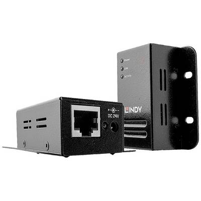 Dva čierne sieťové zariadenia, jedno s ethernetovým portom a druhé s LED indikátormi napájania, linky a aktivity, na bielom pozadí.