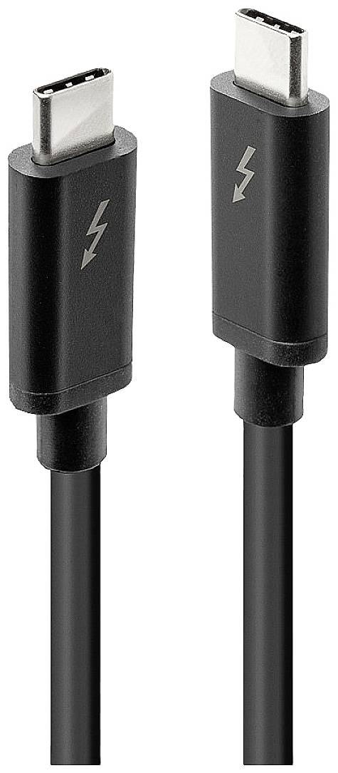 Dva čierne USB-C káble so symbolom Thunderbolt, ukazujúce možnosť pripojenia pre rýchly prenos dát a nabíjanie.