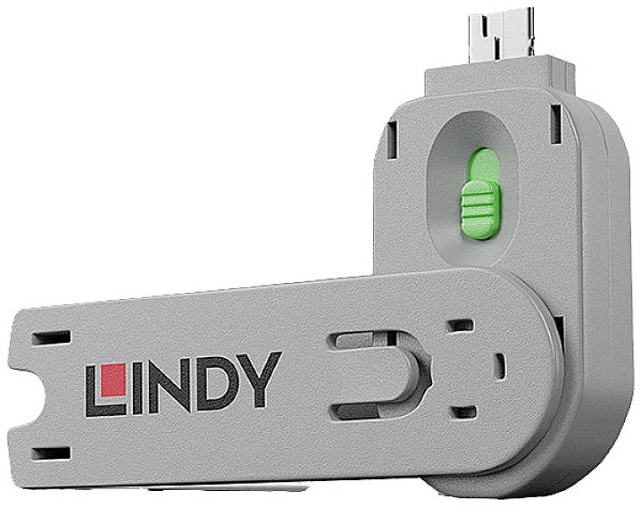Sivý USB adaptér s zeleným prepínačom a logom 'Lindy'.