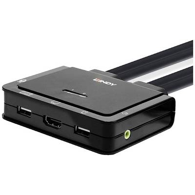 Čierny USB KVM prepínač s viacerými možnosťami pripojenia pre myš, klávesnicu a monitor. Vľavo je viditeľný audioport.