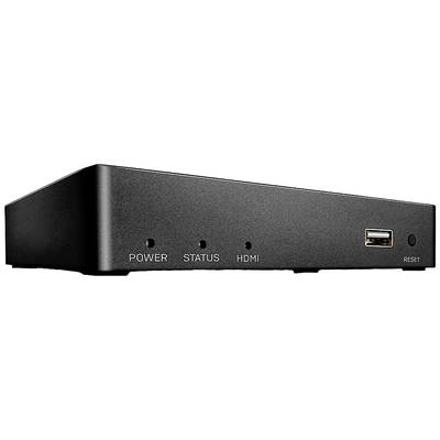 Čierna set-top box s prípojkami: Napájanie, Stav, HDMI, USB, Reset.