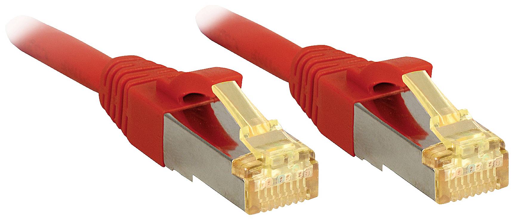 Dva červené ethernetové káble so zlatými konektormi vedľa seba. Sú to typické sieťové káble pre počítačové siete.