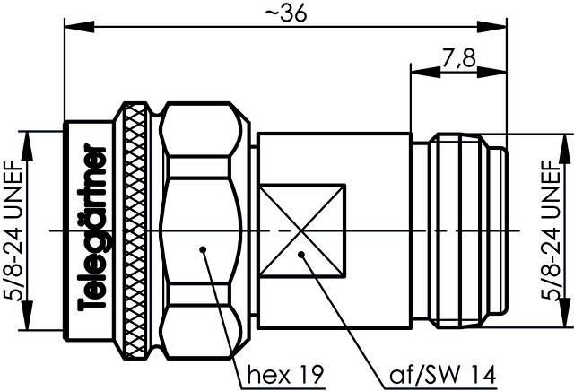 'Technický výkres konektora s rozmermi: celková dĺžka ~36 mm, šírka 7,8 mm, závit 5/8-24 UNEF. Značenia: hex 19, af/SW 14.'