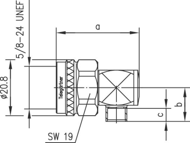 Technický výkres spojovacej súčiastky s rozmermi: priemer 20,8 mm, závit 5/8-24 UNEF, šírka kľúča (SW) 19 mm.