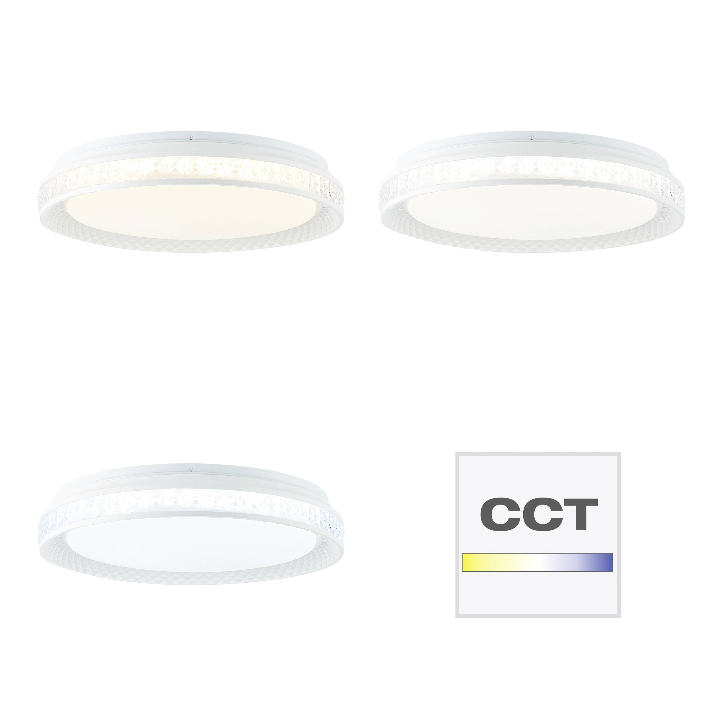 Tri okrúhle stropné svietidlá s meniteľnou farebnou teplotou, zobrazené v teplej bielej, neutrálnej bielej a studenej bielej. Zobrazený farebný pruh CCT teploty.