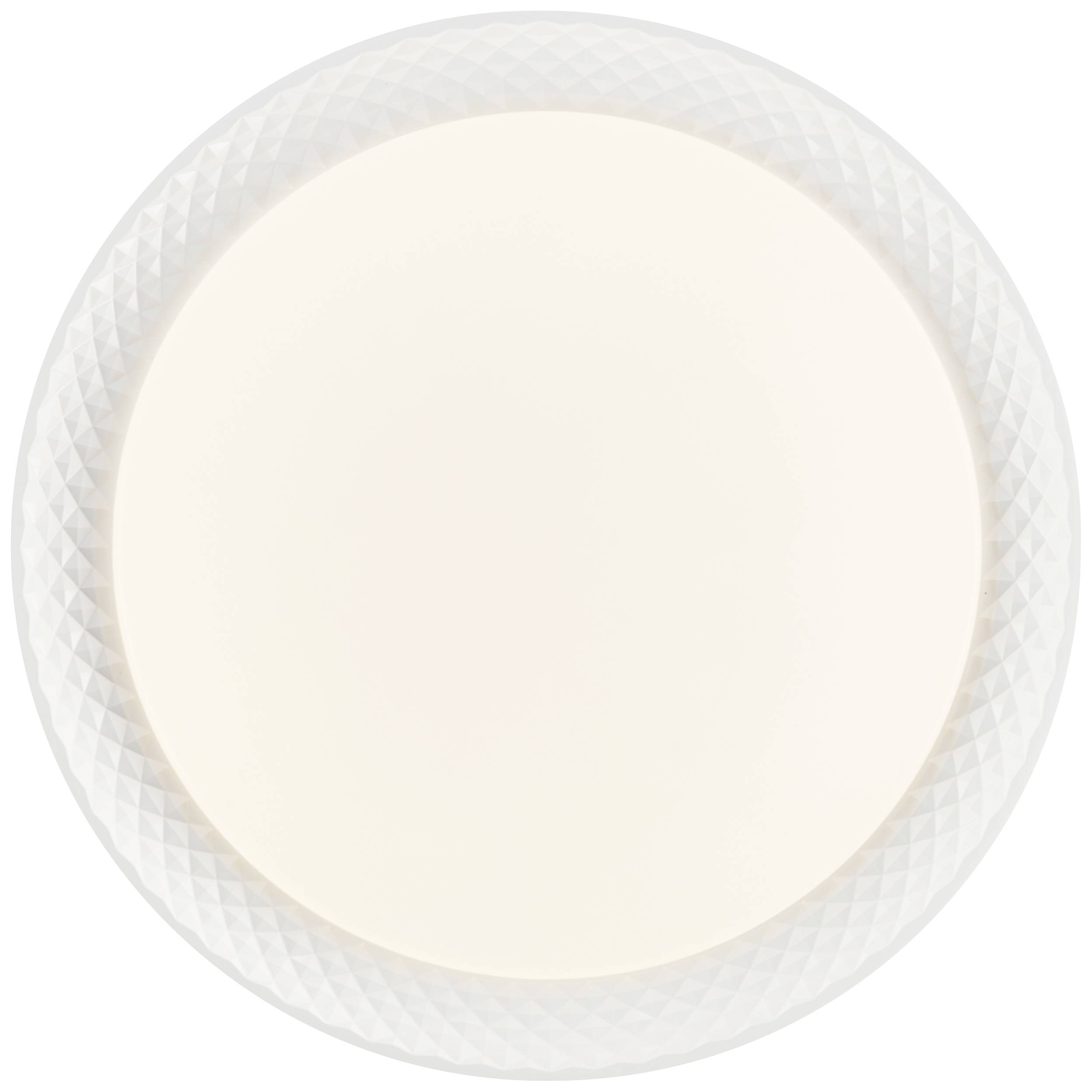 Okrúhle biele stropné svetlo so štruktúrovaným okrajom. Poskytuje rovnomerné, jemné osvetlenie.