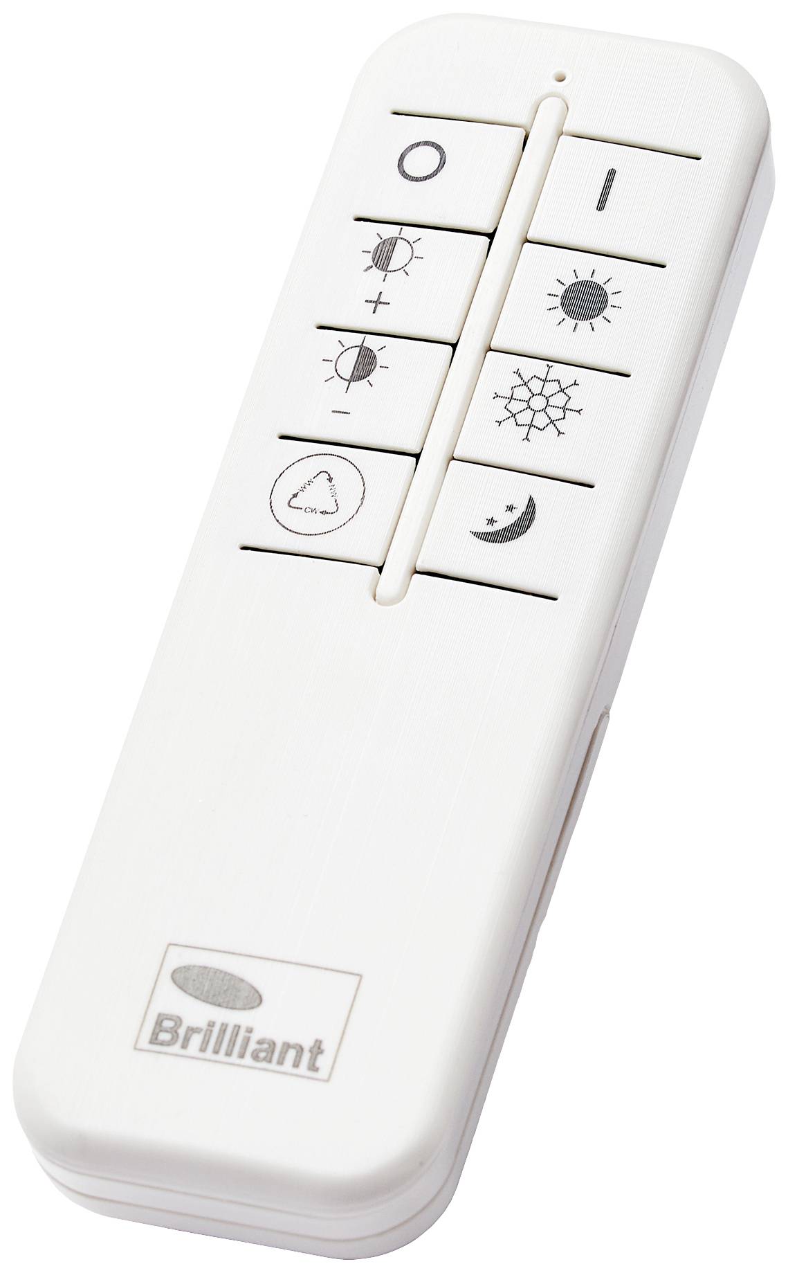 Biela diaľkový ovládač s tlačidlami na ovládanie intenzity a druhu svetla, symbolizovaný ikonami slnka a mesiaca. Logo 'Brilliant' v spodnej časti.