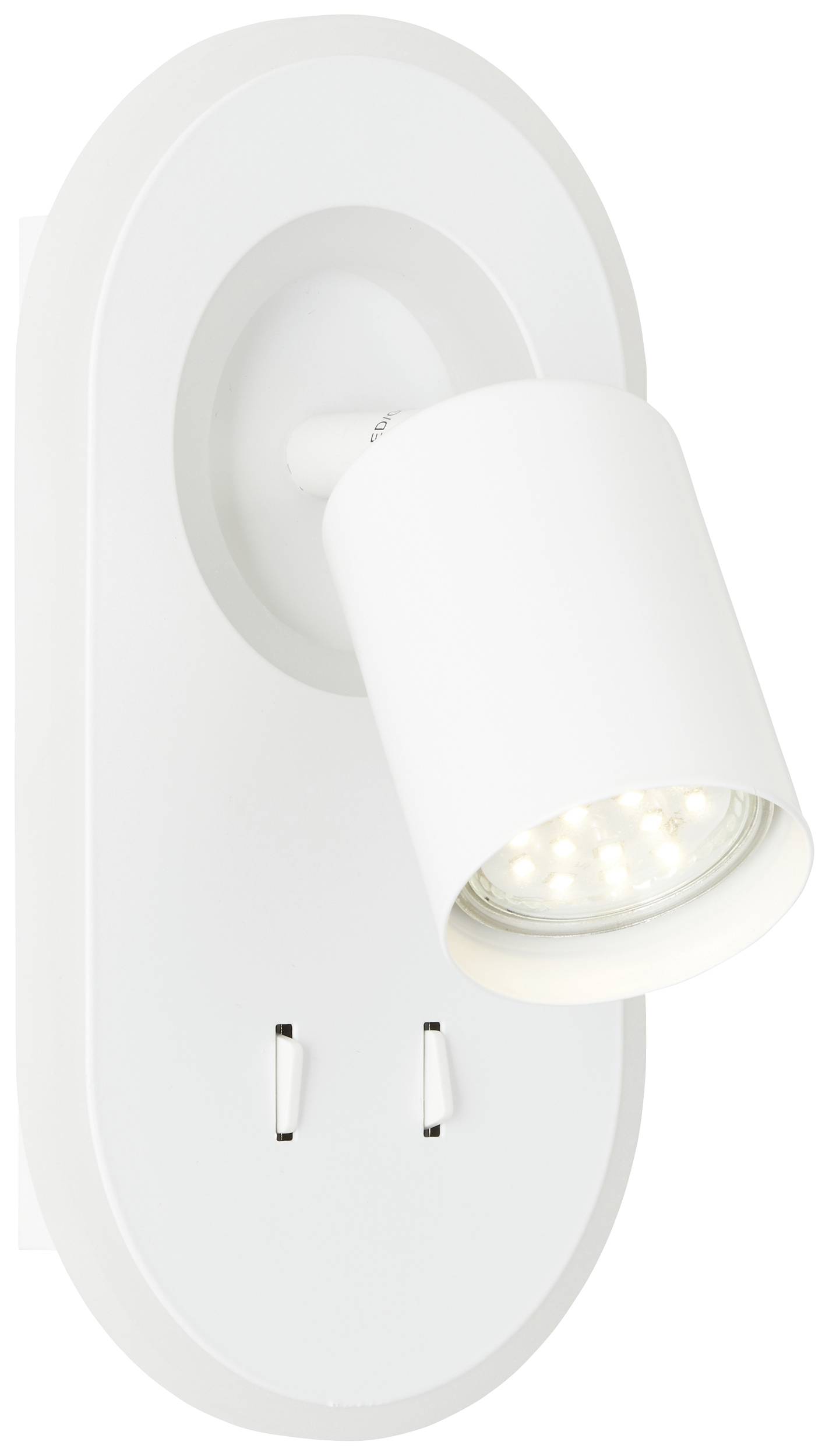 Biela nástenná lampa s moderným dizajnom, LED svetlo s nastaviteľným otočným reflektorom, upevnená na oválnej základni.