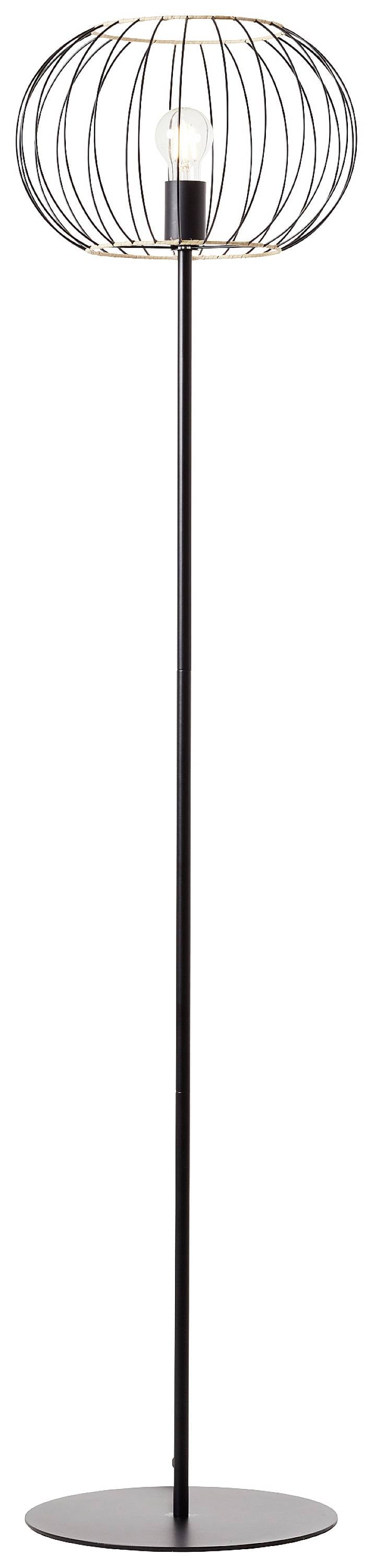 Stojanová lampa s moderným, kruhovým drôteným tienidlom a viditeľnou žiarovkou v minimalistickom dizajne.