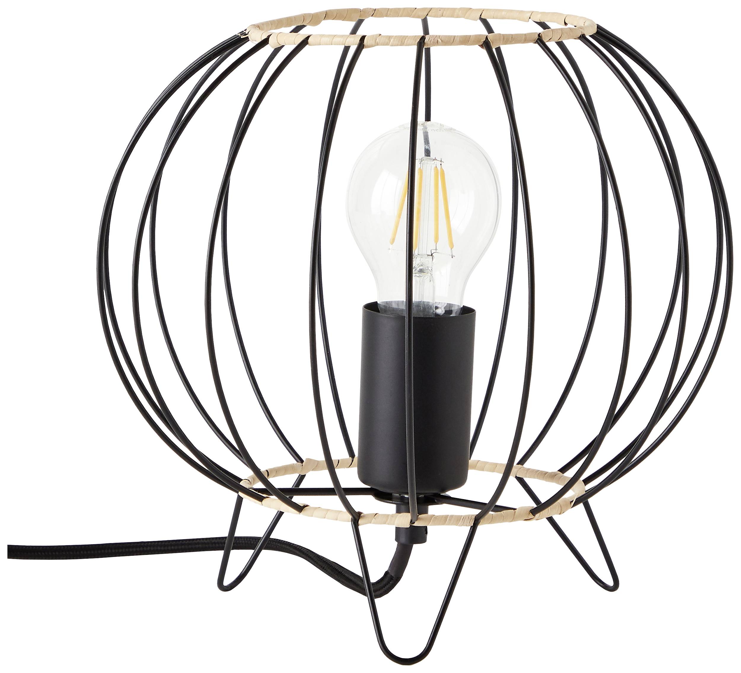 Stolová lampa s čiernou kovovým rámom a žiarovkou, ktorá pripomína otvorený klietku. Minimalistický dizajn.