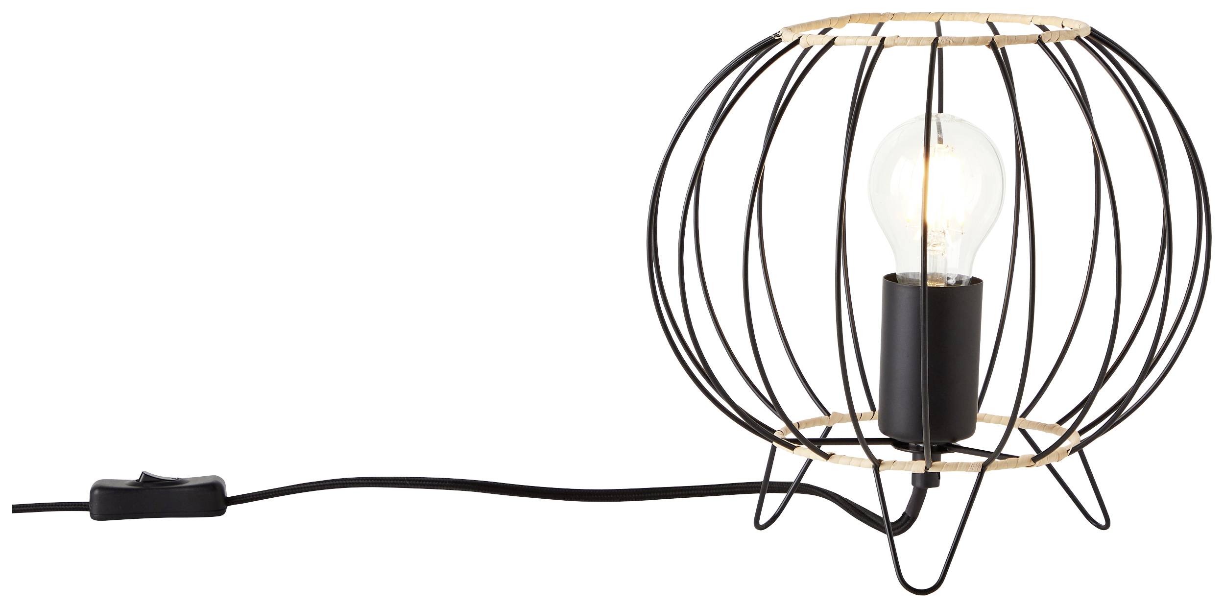 Stolová lampa s okrúhlym, otvoreným kovovým rámom a viditeľnou žiarovkou. Vypínač sa nachádza na napájacom kábli.