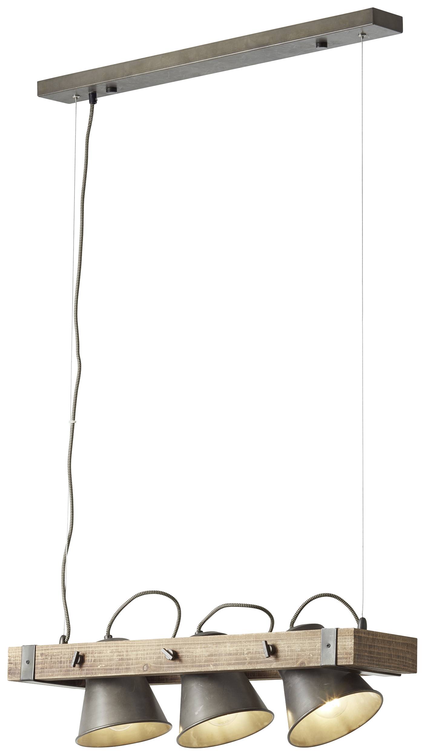 Závesná lampa s dreapokým dreveným stojanom a tromi kovovými tienidlami v tvare mušle, ktoré svietia smerom nadol. Industriálny štýl.