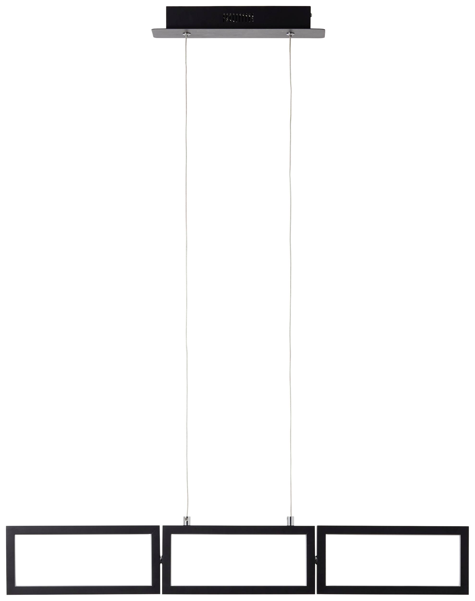 Závesná lampa s tromi obdĺžnikovými čiernymi rámami v jednej línii, zavesená na tenkých lanách z obdĺžnikovej stropnej konzoly.