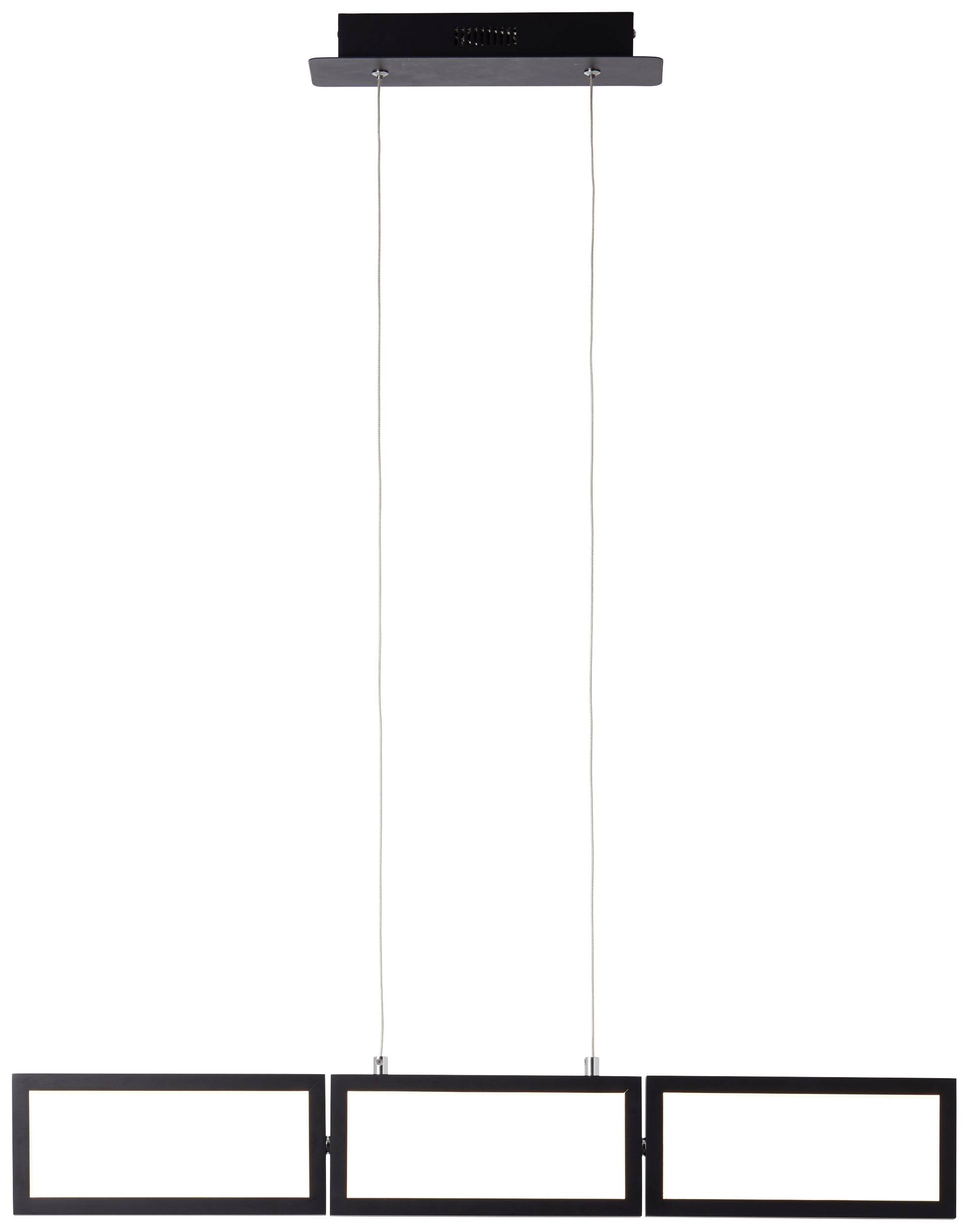 Moderná závesná lampa s tromi obdĺžnikovými svetelnými prvkami v priamom usporiadaní, orámovaná čiernou farbou a zavesená od stropu.