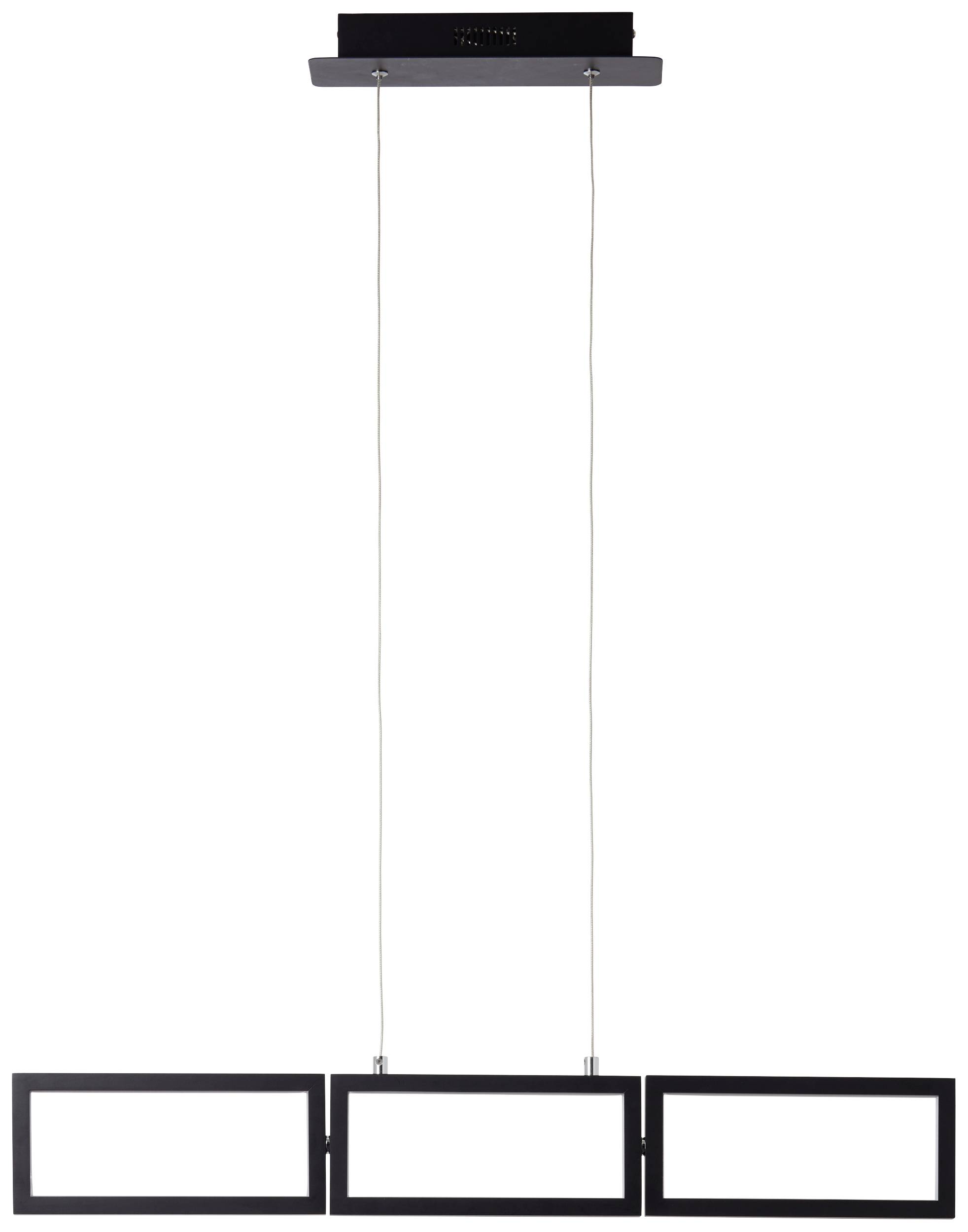 Moderná závesná lampa s tromi obdĺžnikovými čiernymi rámami, ktoré visia na tenkých lanách z obdĺžnikovej stropnej montáže.