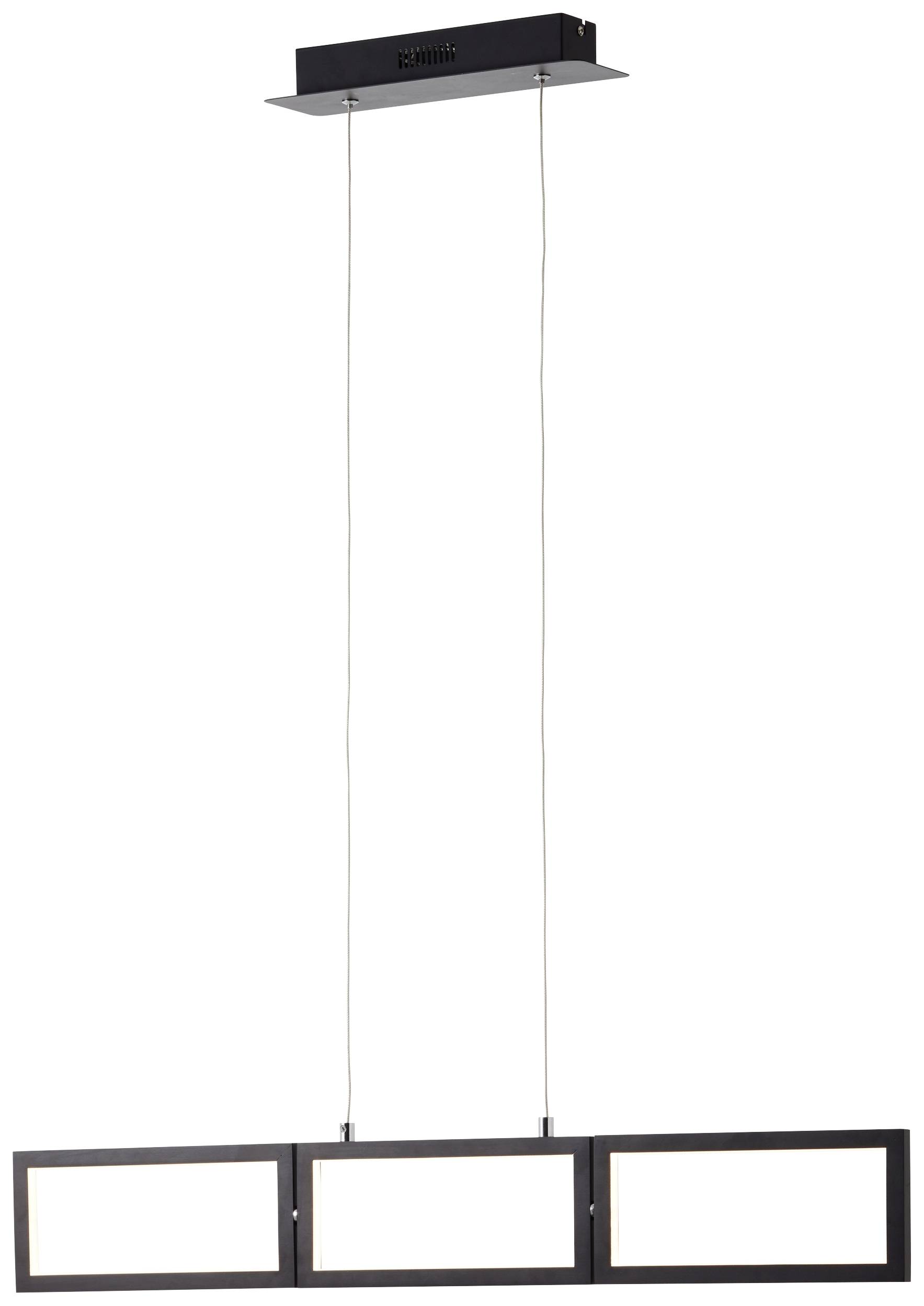 Moderná, obdĺžniková závesná lampa s tromi čiernymi rámami, ktoré visia na drôtoch z montážnej konzoly na strope.