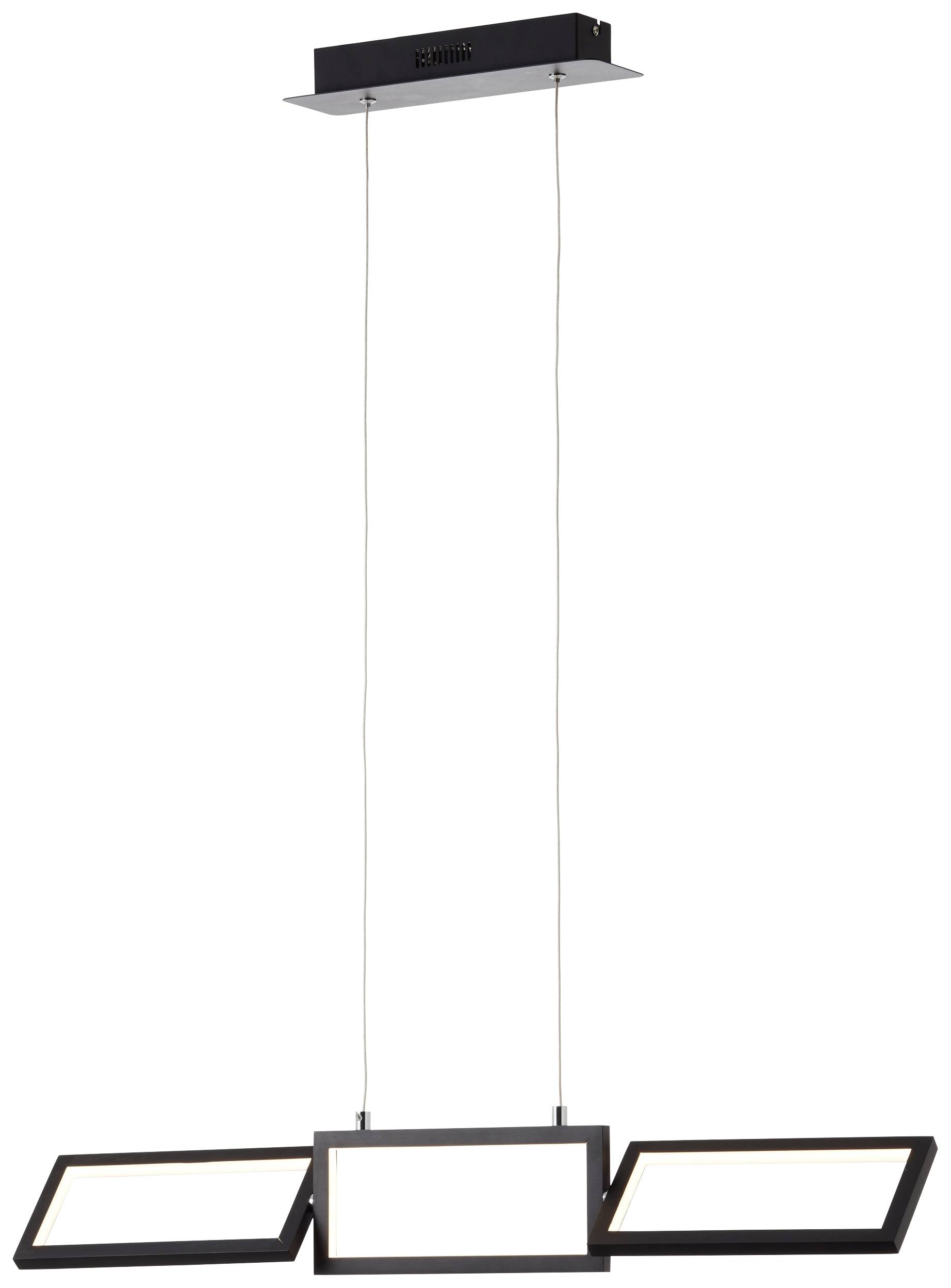 Moderná, obdĺžniková závesná lampa s troma plochými, horizontálne orientovanými svetelnými prvkami zavesená na tenkých lanách.