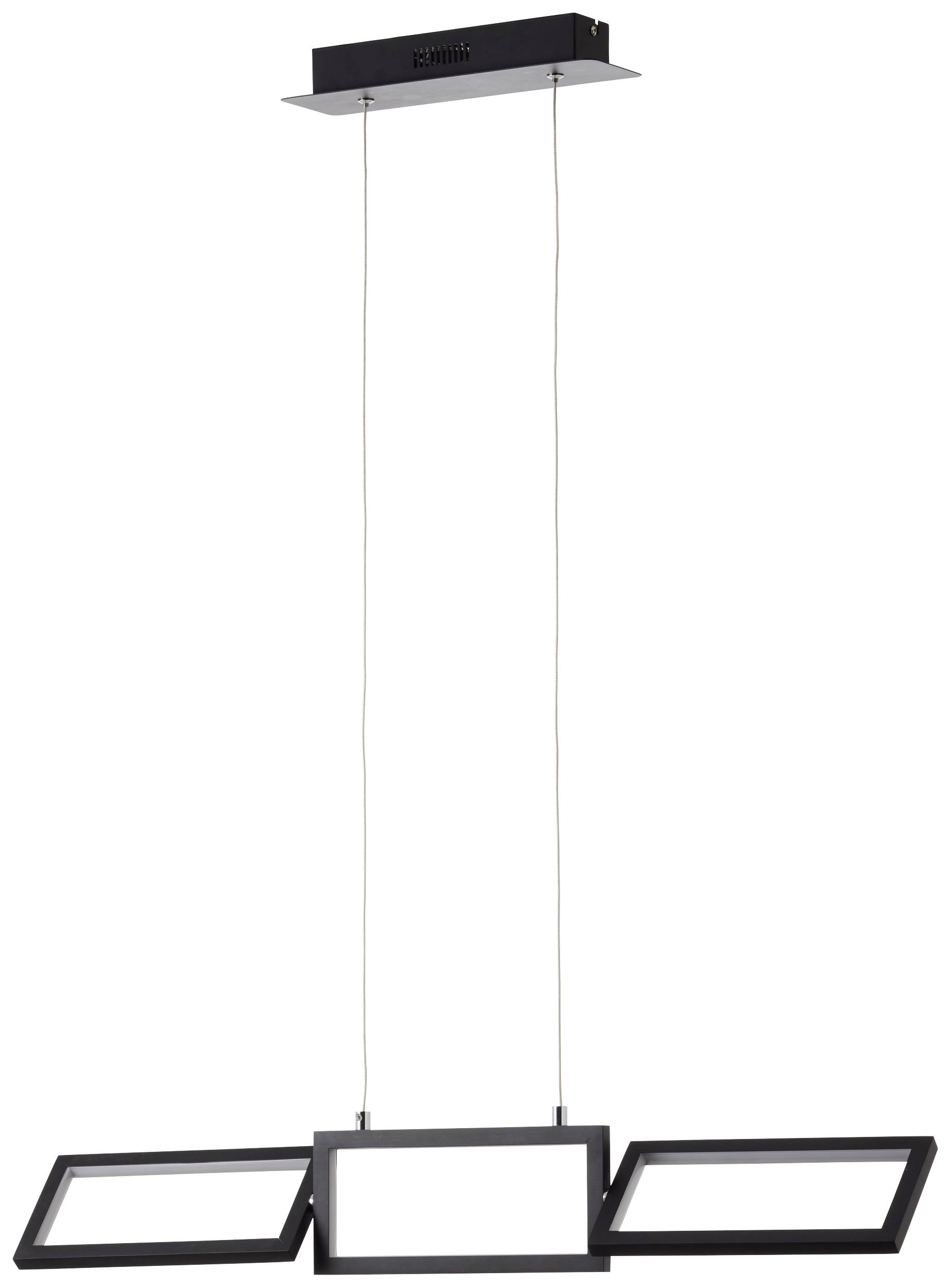 Moderná čierna závesná lampa s tromi obdĺžnikovými LED panelmi, usporiadanými v rôznych uhloch, visí zo stropu.