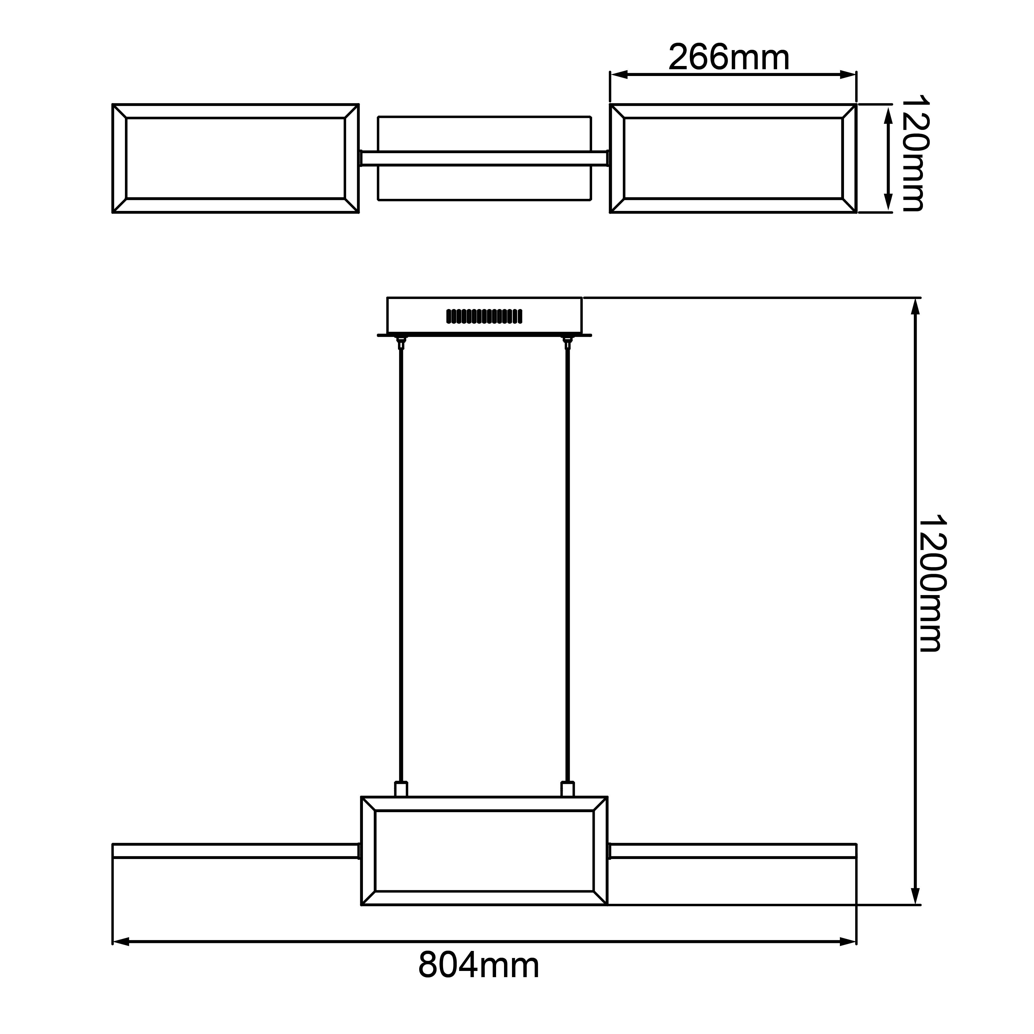 Technický výkres obdĺžnikového potrubia s rozmermi: hore 266 mm x 120 mm, vertikálna dĺžka 1200 mm, dole 804 mm.