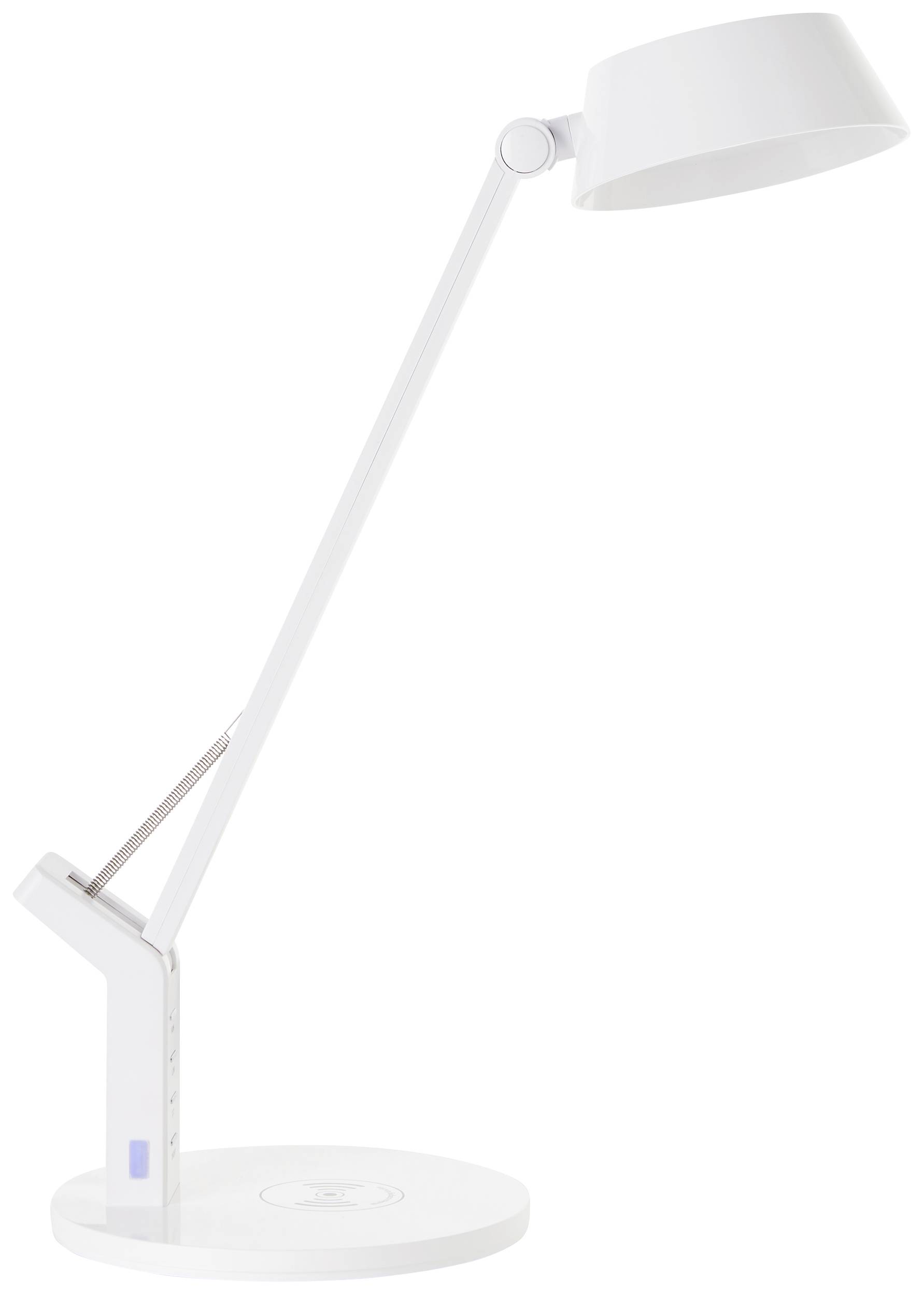 Biela, moderná stolná lampa s nastaviteľným ramenom a okrúhlym tienidlom, vhodná pre pracovné alebo študijné priestory.