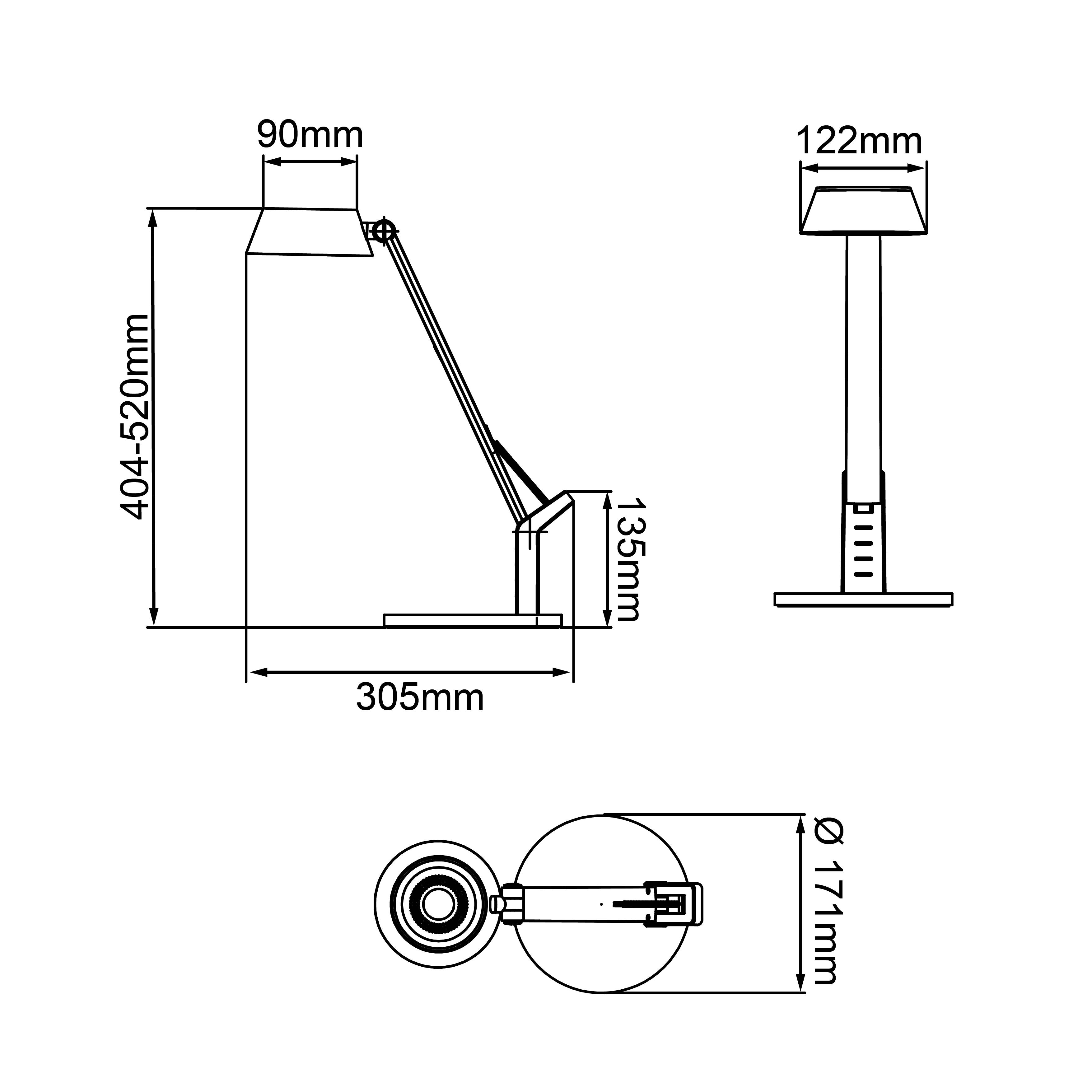 Technický výkres nastaviteľnej stolnej lampy s rozmermi: výška 404-520 mm, šírka 122 mm, priemer základne 171 mm.