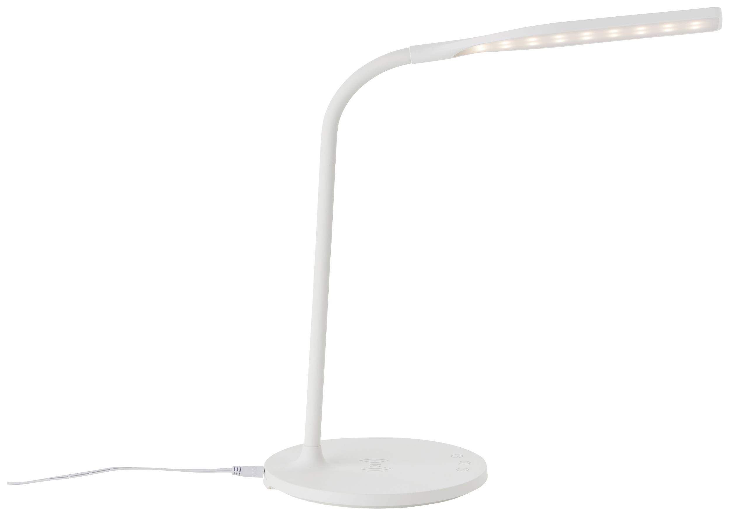 Biela, minimalistická LED stolná lampa s flexibilným krkom a okrúhlou základňou na bielom pozadí.