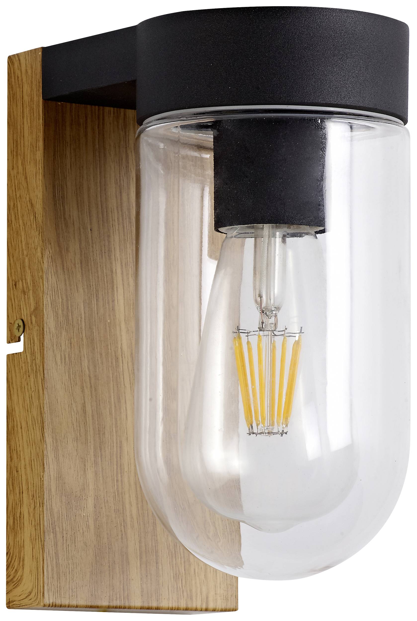 Nástenná lampa z dreva a kovu so skleneným krytom, obsahujúca LED filamentovú žiarovku. Ideálna pre moderné interiéry.