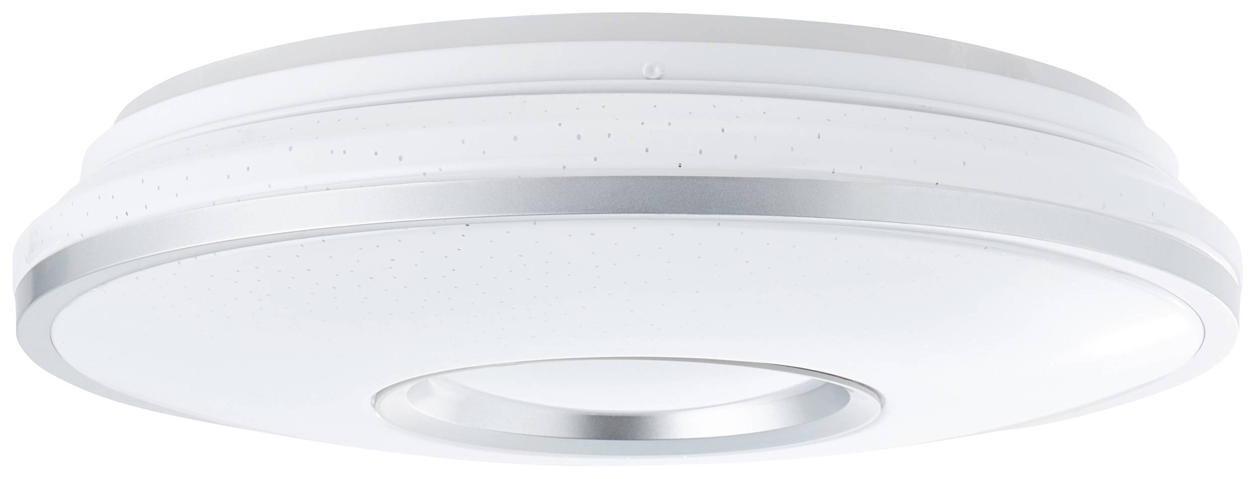 Biela, okrúhla stropná lampa s moderným dizajnom a kovovými akcentmi. Vhodná do obytných priestorov alebo kancelárií.