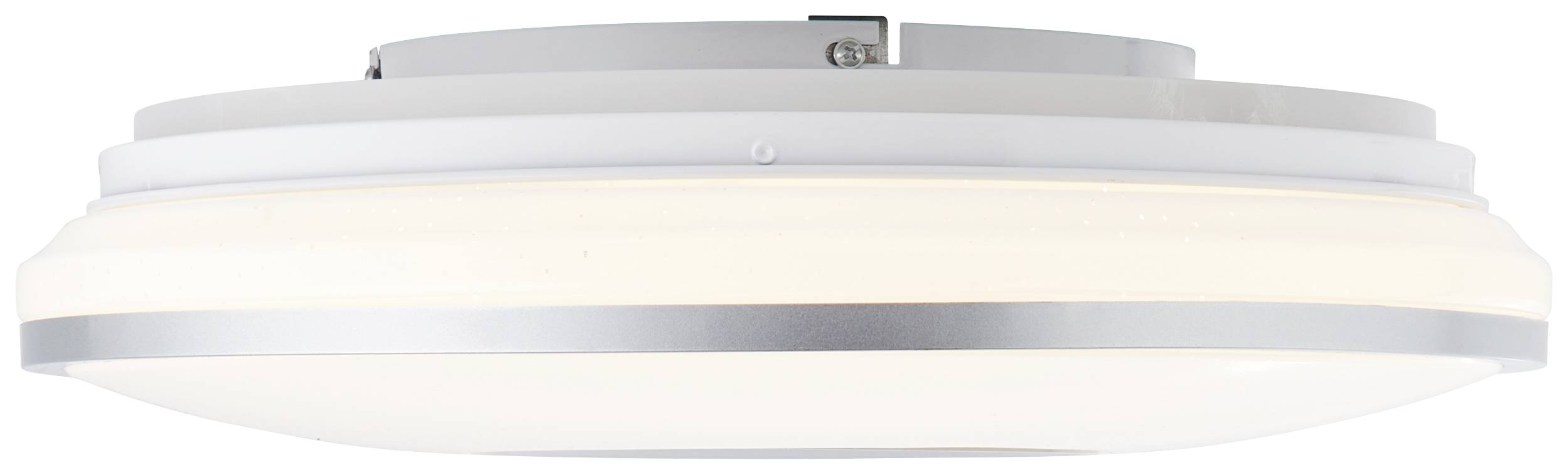 Zaoblené stropné svietidlo z kovu a plastu so strieborným okrajom v modernom dizajne.