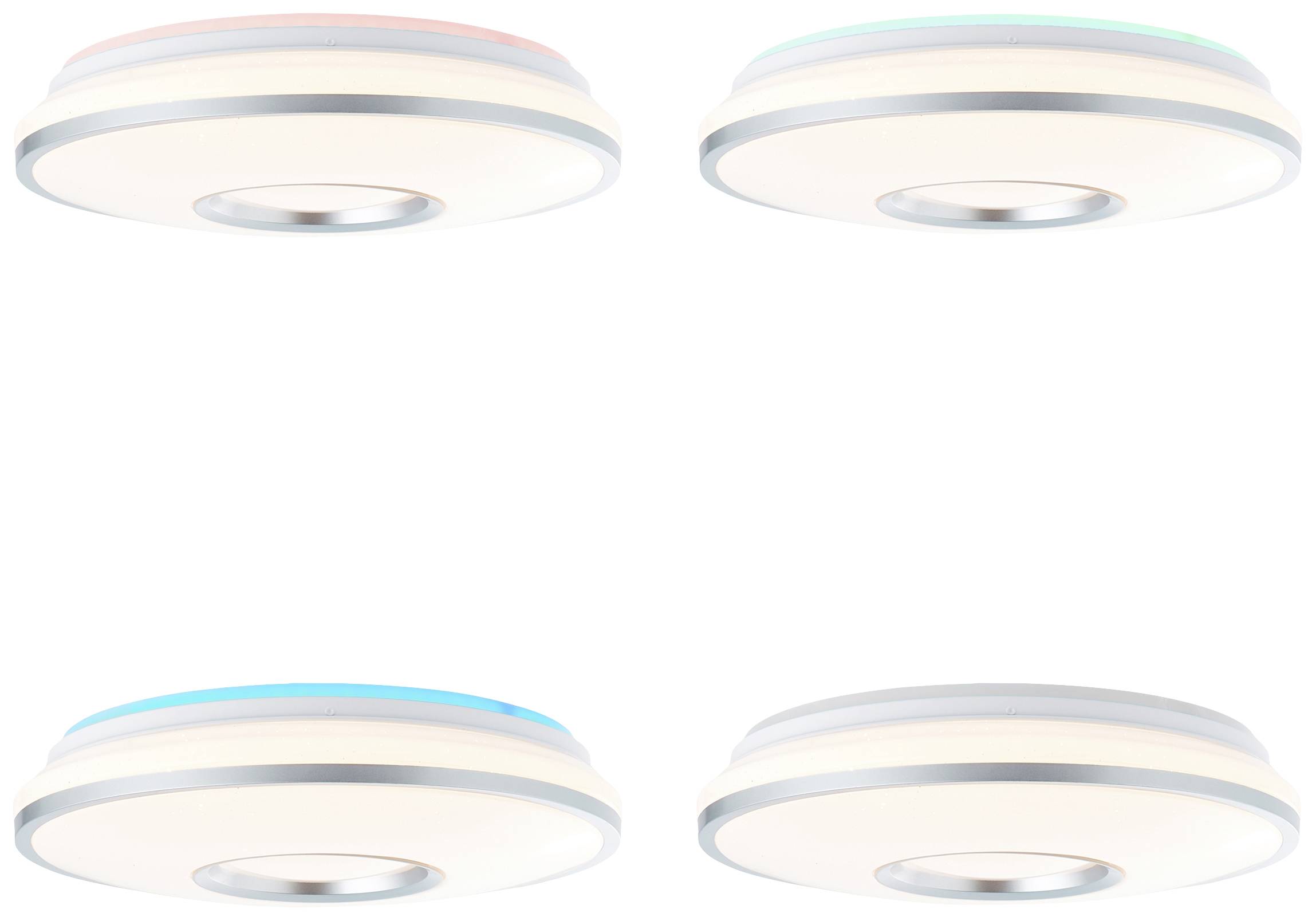 Štyri okrúhle LED stropné svietidlá v rôznych farbách: červená, zelená, modrá a biela. Moderný dizajn lámp so striebornými okrajmi.