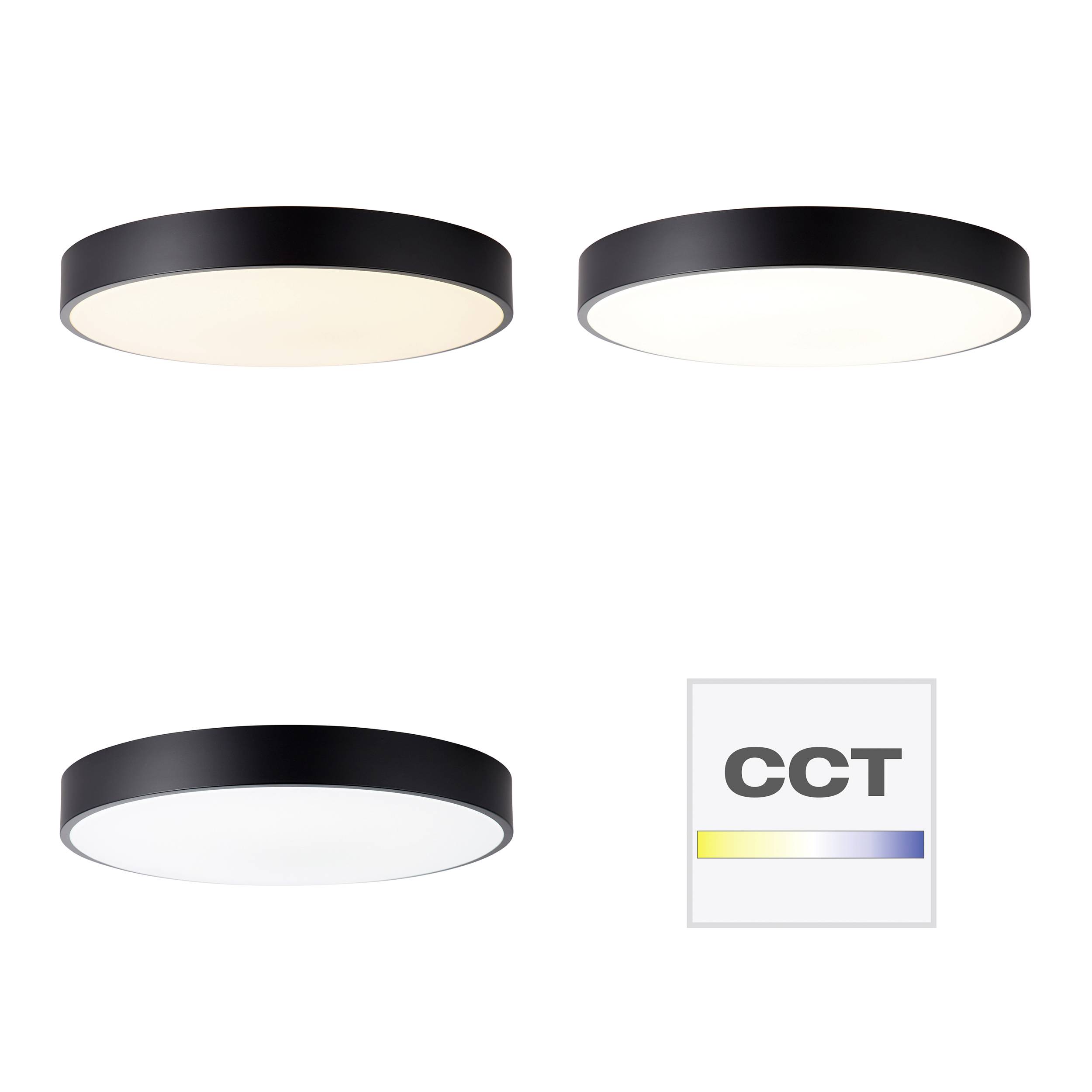 Tri okrúhle stropné LED svietidlá s čiernym okrajom v rôznych farbách svetla. Dole vpravo je symbol 'CCT'.