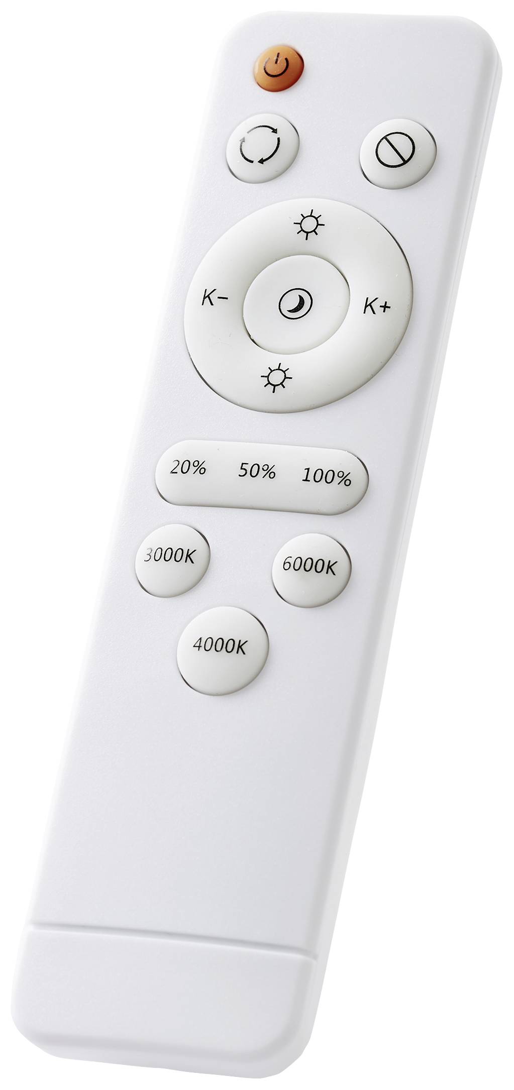 Biela diaľkové ovládanie s tlačidlami na ovládanie programov a svetelných teplôt vrátane 3000K a 6000K.