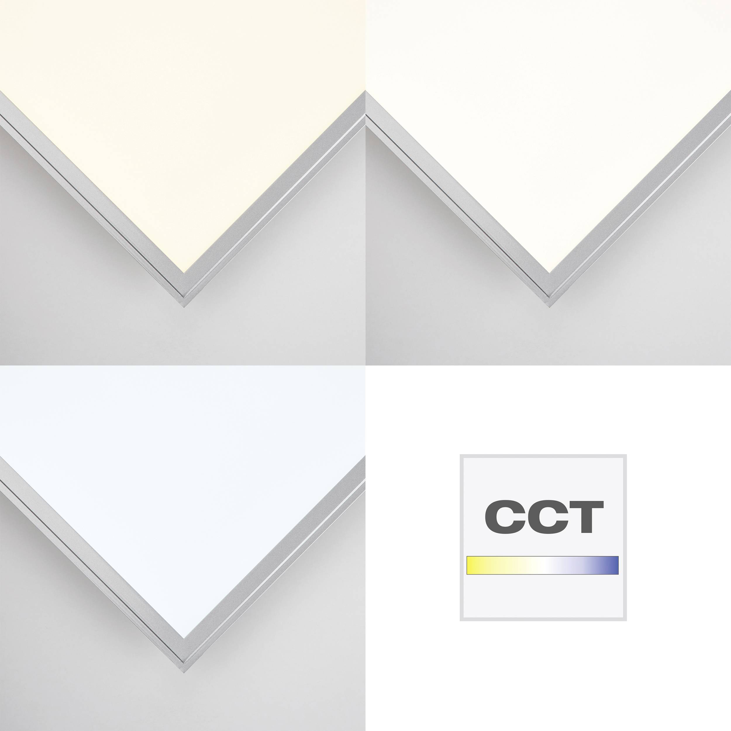 Hore vľavo: svetlo teplej bielej farby; dole vľavo: svetlo studenej bielej farby; vpravo diagram s nápisom "CCT", farebný prechod od teplej po studenú.