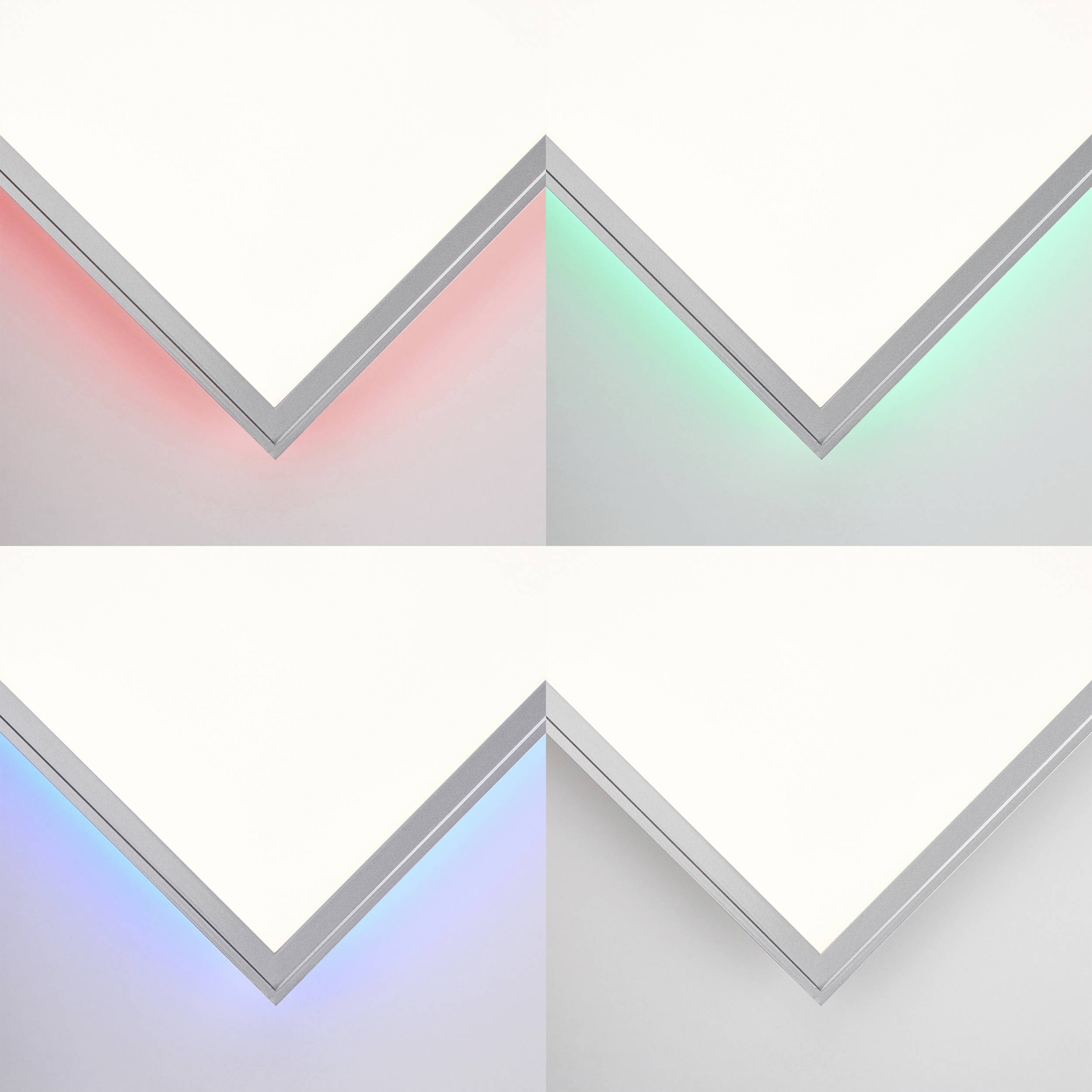 Minimalistický dizajn so štyrmi trojuholníkmi, ktoré sa spájajú v strede. Každý roh je osvetlený inou neónovou farbou.