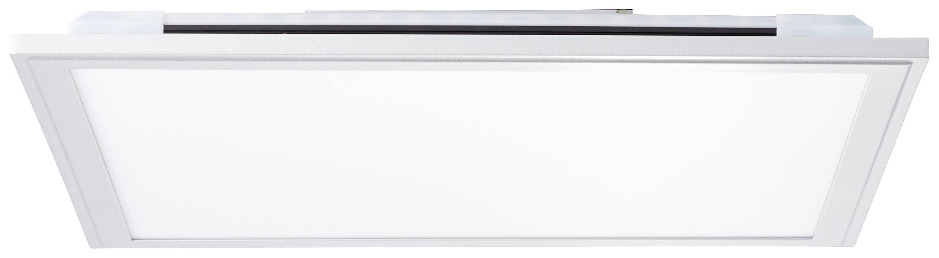 Biela, obdĺžniková LED stropná lampa so strieborným rámom, vhodná do moderných interiérov.